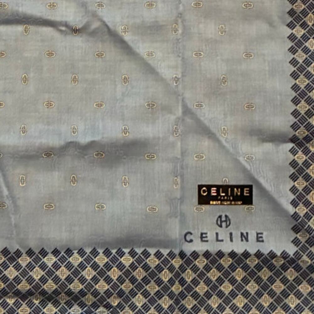 Celine Paris Handkerchief Scarf Blue/Grey Geometric Border Cotton Pocket Square - Picture 3 of 7